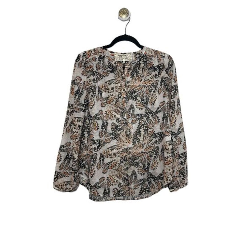 Pink Martini Blouse Womens Size Medium Tan Floral Long Sleeve Sheer